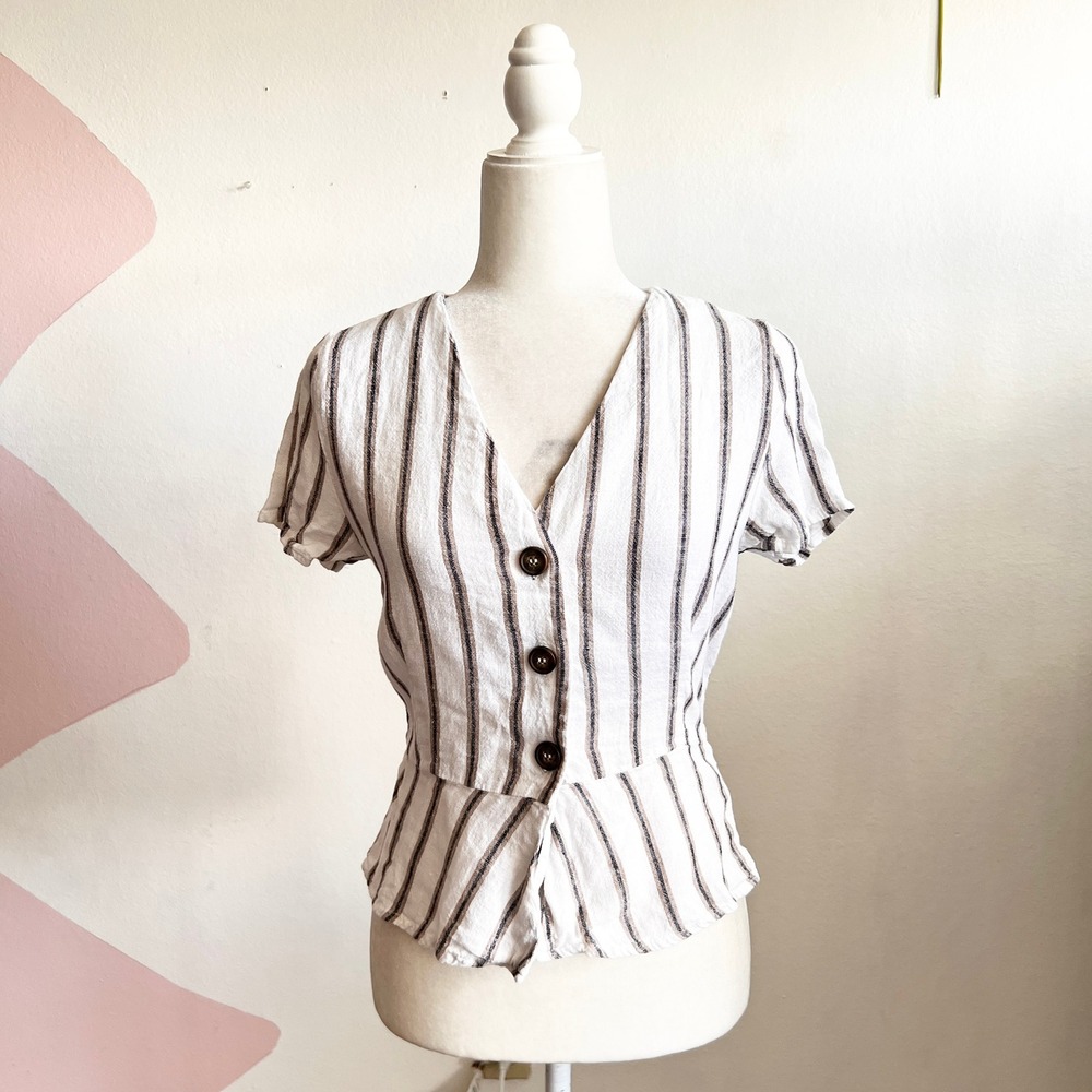 White Striped Linen Top Vintage Coastal Cottagecore Minimalist‎ Boho Small